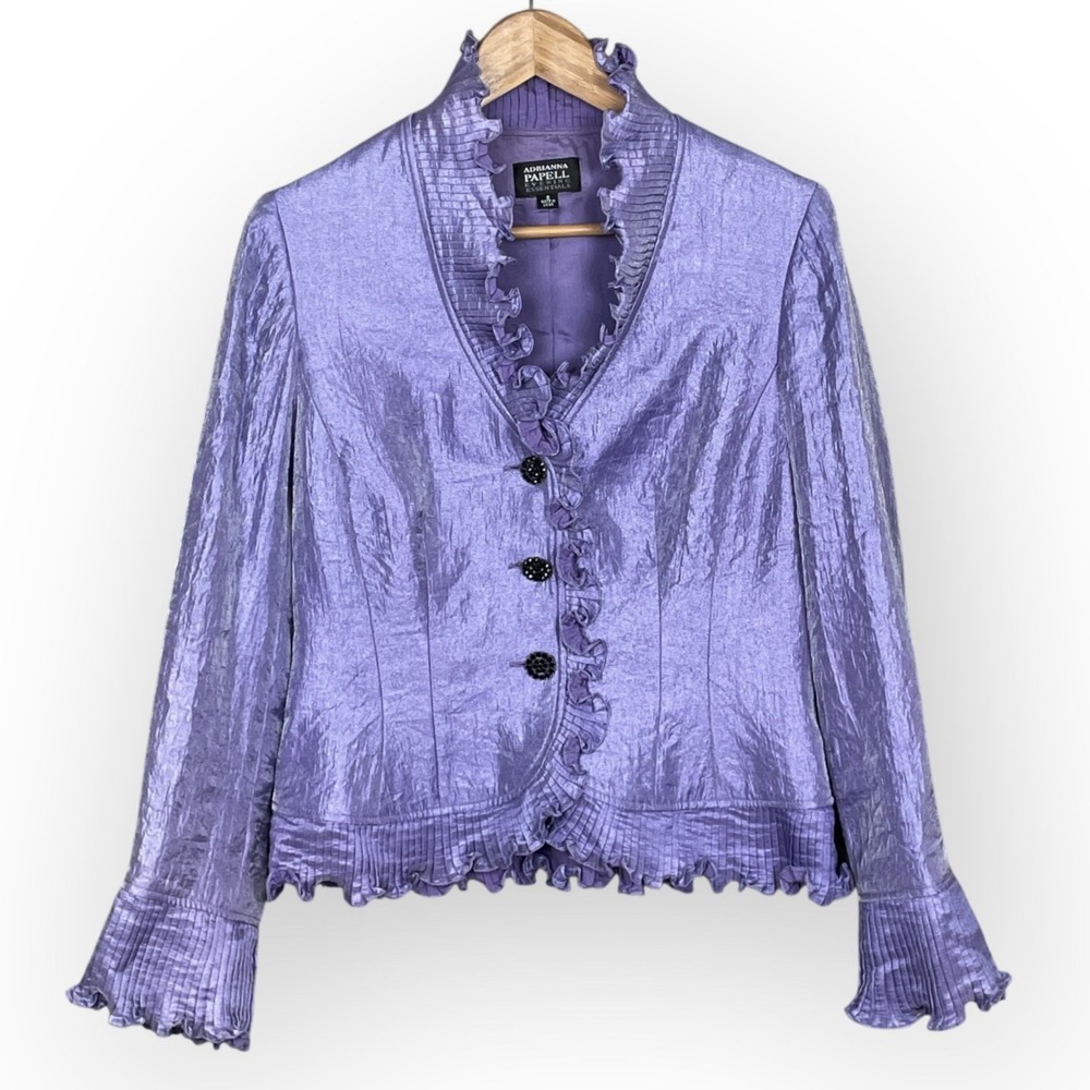 Adrianna Papell Iridescent Purple Ruffle Evening Jacket Sz 8 Rhinestone Ladylike